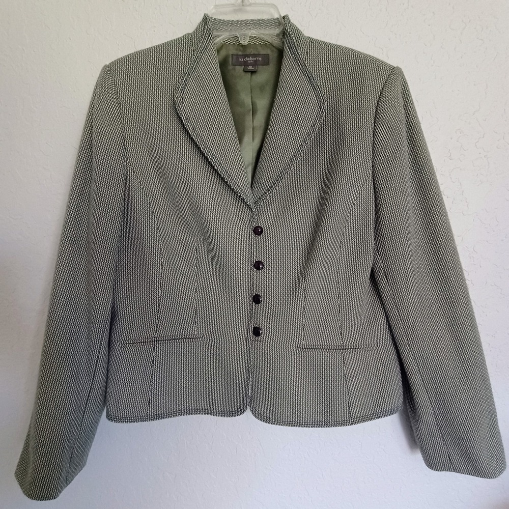 Liz Claiborne Suits Blazer Jacket Womens 12 Green Blue Tweed Career Y2K Tailored
